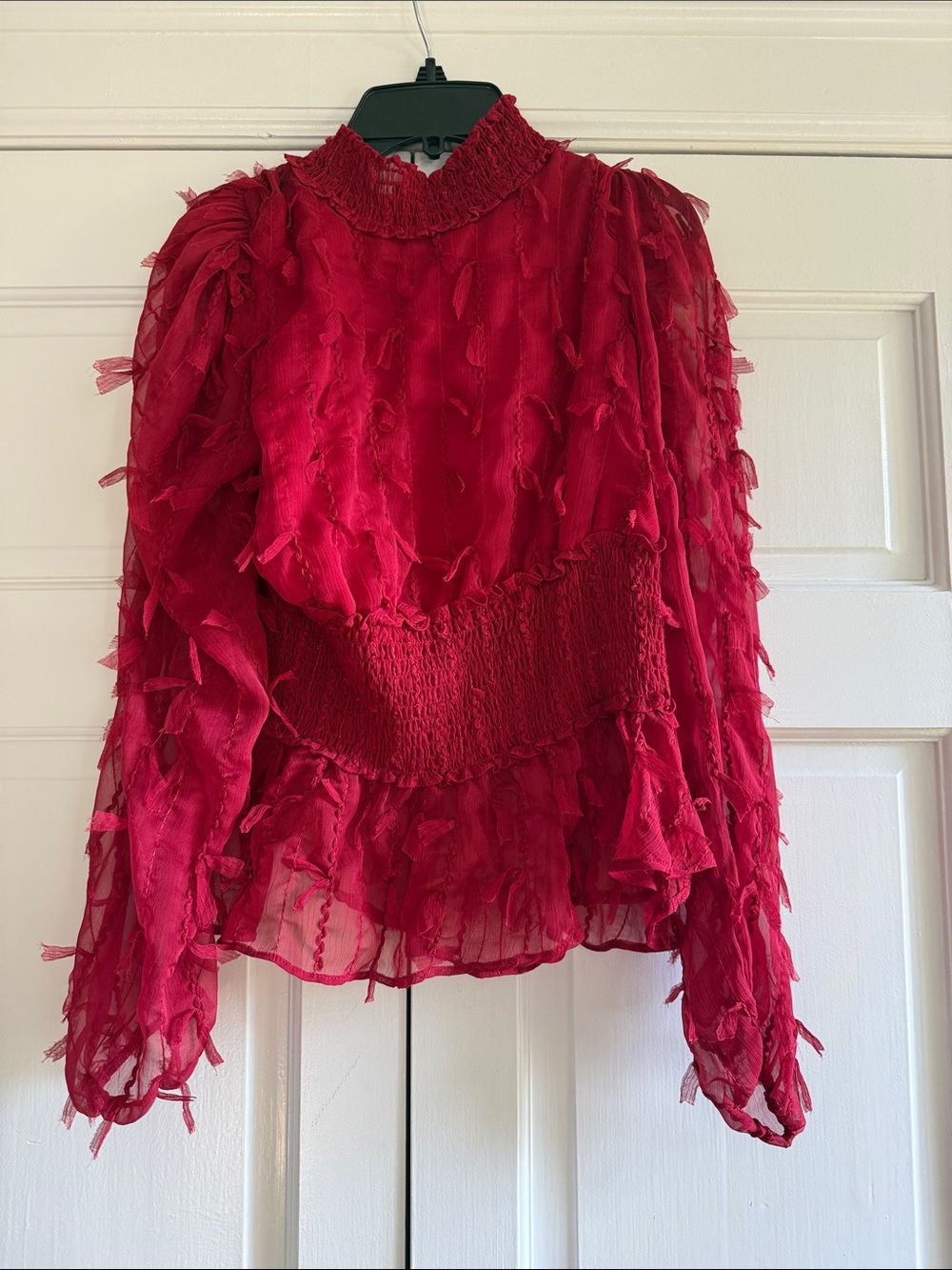 Zara Red Ruffle-Trim Smocked Waist Blouse